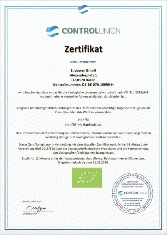 Endower GmbH Biozertifikat 2024 | Edelhanf - Ihr Premium CBD Shop