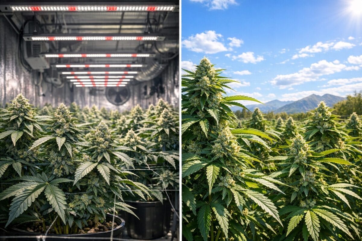 Indoor vs Outdoor Cannabis Anbau Vergleich LED Grow Zelt Sonnenlicht Garten
