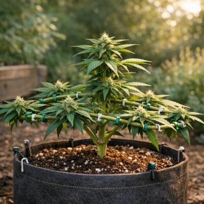 LST Low Stress Training Cannabis gebogene Triebe horizontal Pflanzentraining