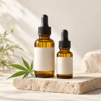 Braune CBD-Öl-Flaschen auf hellem Naturstein