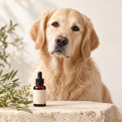 Golden Retriever neben einer geschlossenen braunen Ölflasche