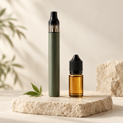 Vape-Pen und Liquidflasche auf hellem Naturstein